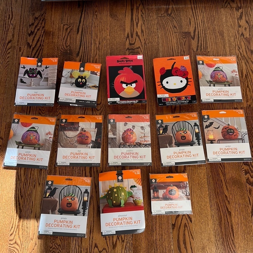 Pumpkin decorating kits (13) total: angry bird, hello Kitty, dinosaur, cat….